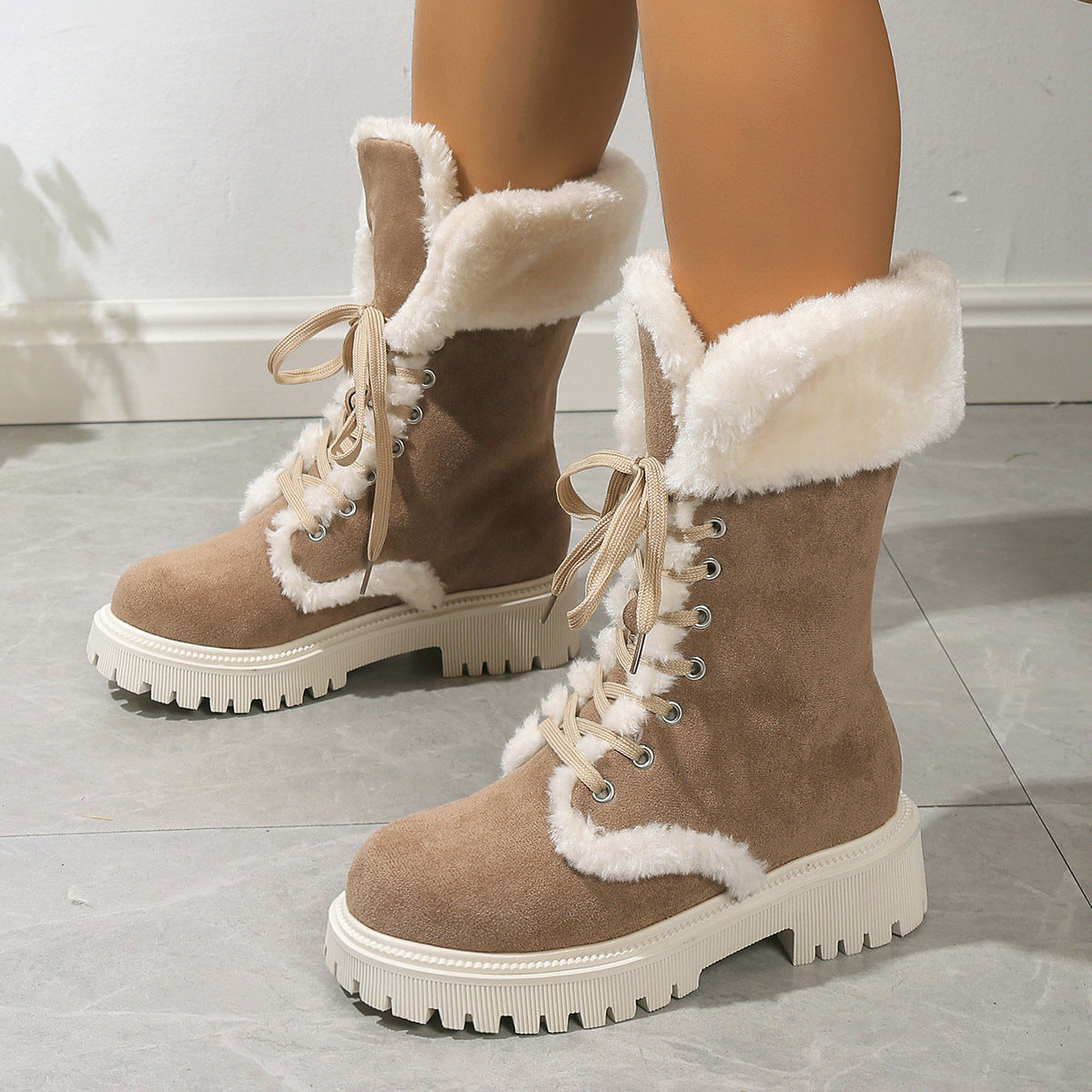 Winter Lace-up Snow Boots for Women - Plush Warm Chunky Heels