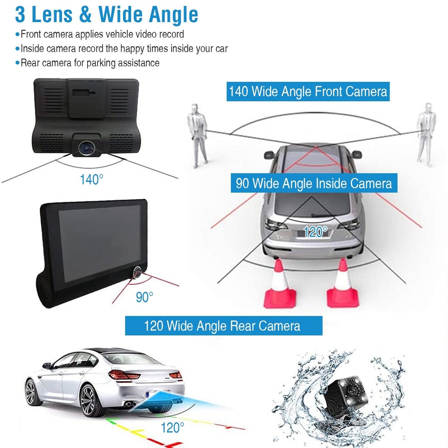 Gbruno 1296P Triple Lens Car DVR Dash Camera