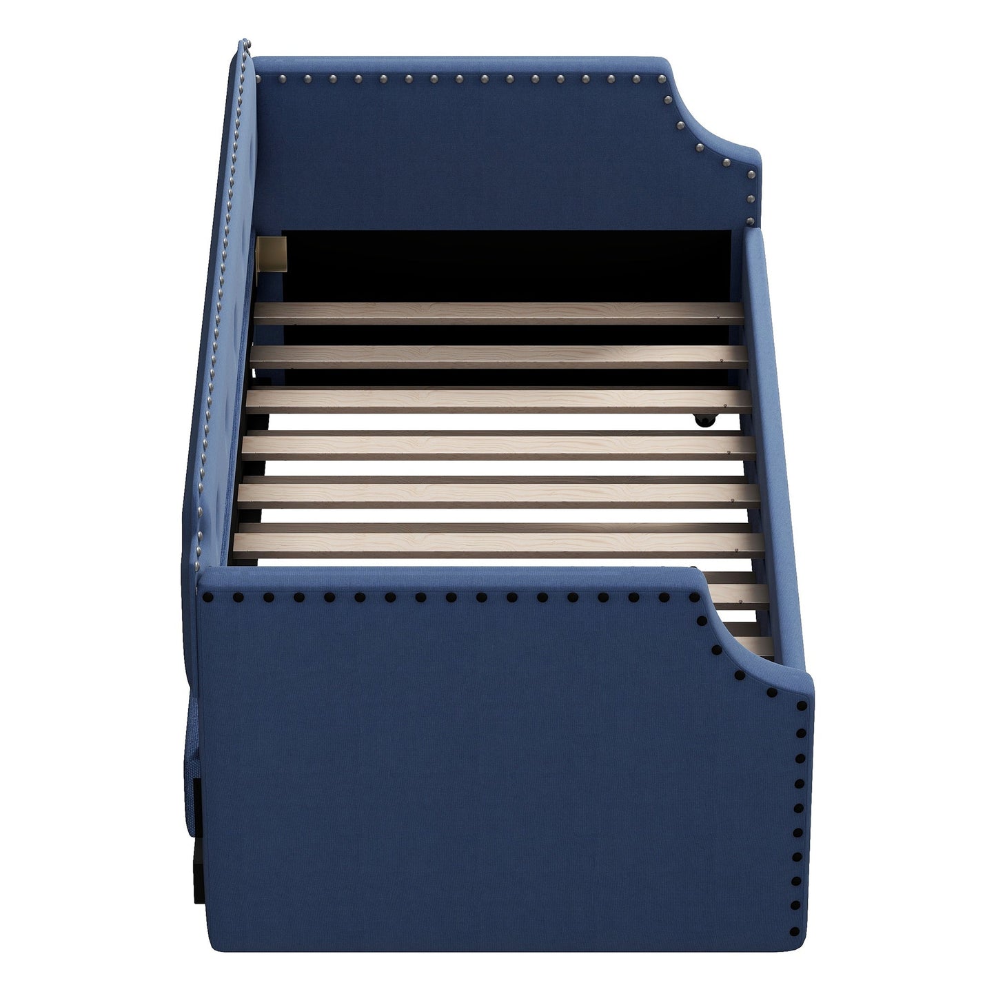 Upholstered Daybed with Trundle, Wood Slat Support,Upholstered Frame Sofa Bed Twin Blue - Korvel