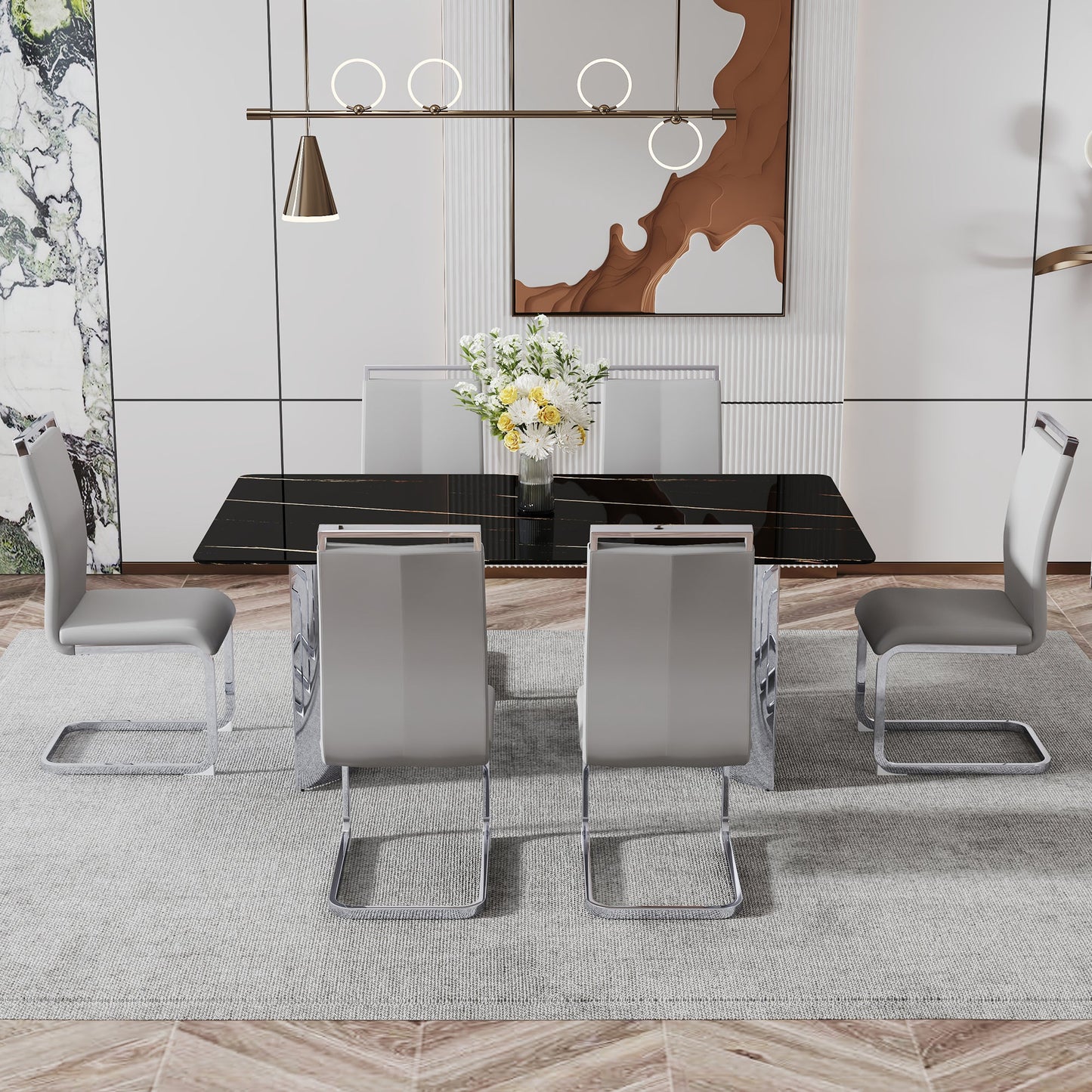 Modern minimalist dining table The black imitation marble glass desktop is equipped with silver metal legs - Korvel