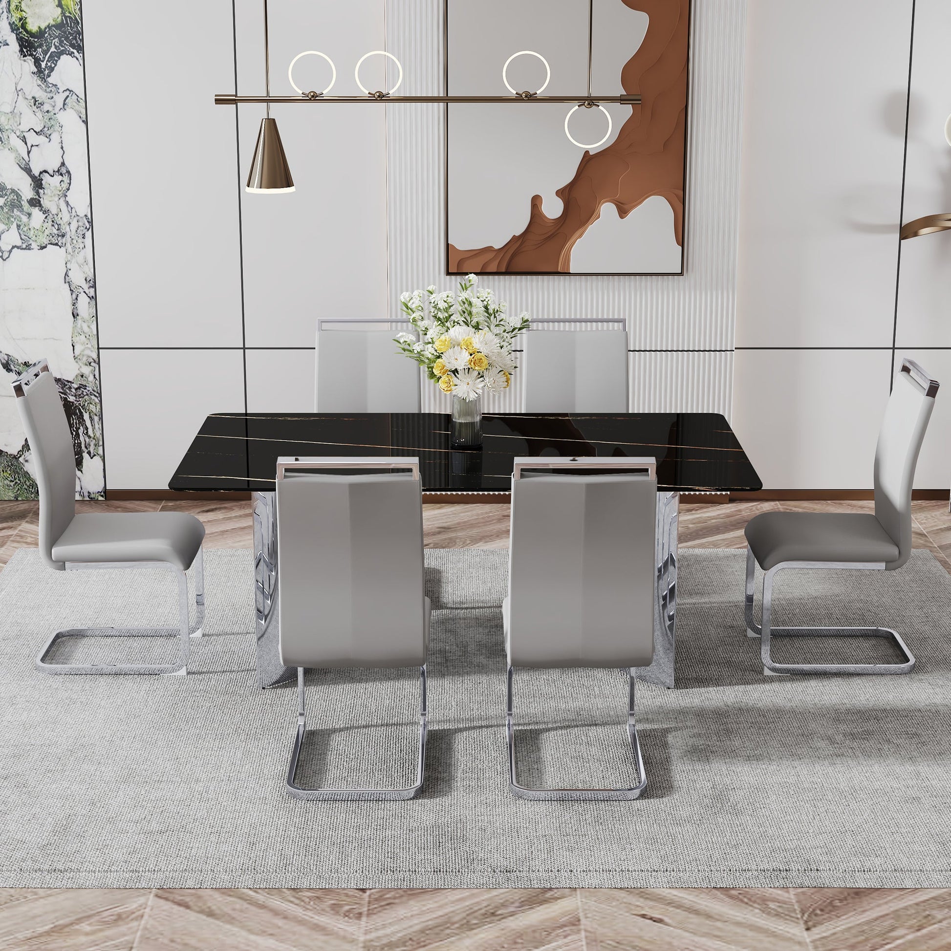 Modern minimalist dining table The black imitation marble glass desktop is equipped with silver metal legs - Korvel