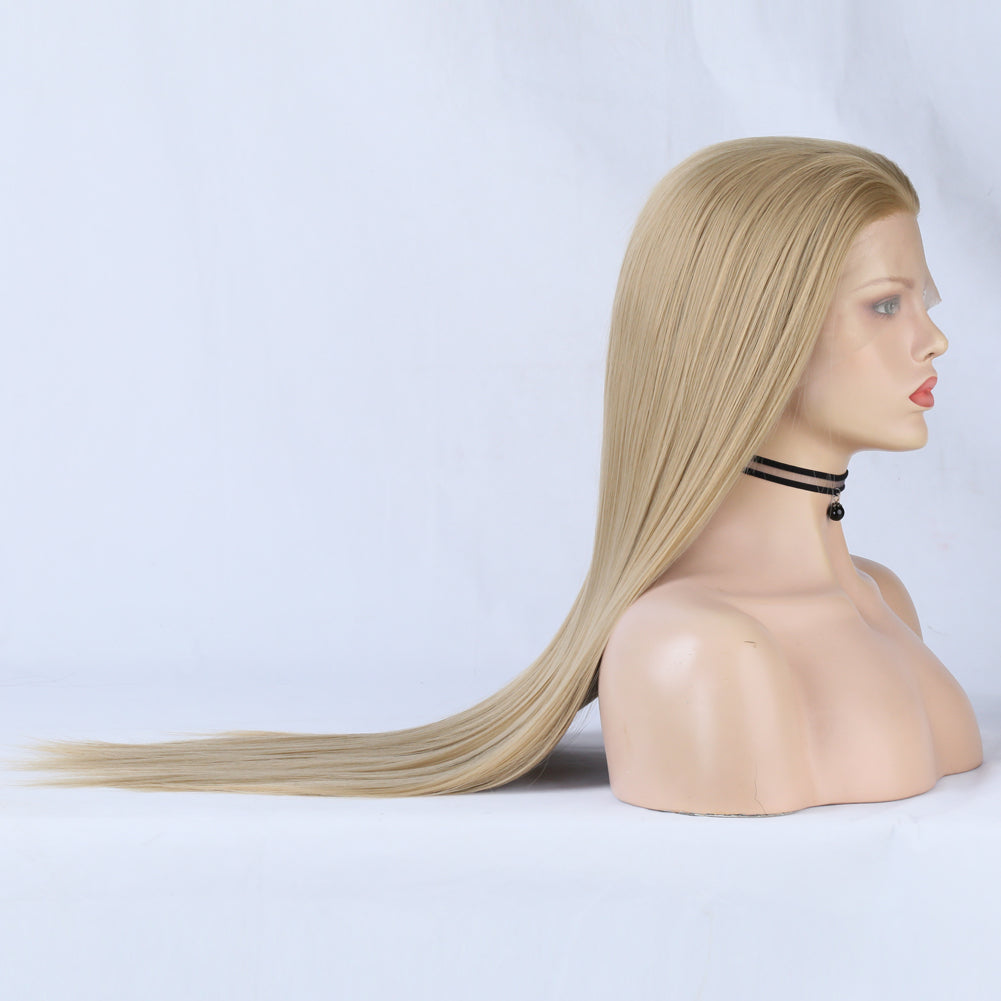 Linen Lace Front Wig Ombre Synthetic Hair Wig Middle Part Highlight Wig Long Straight Hair - Korvel