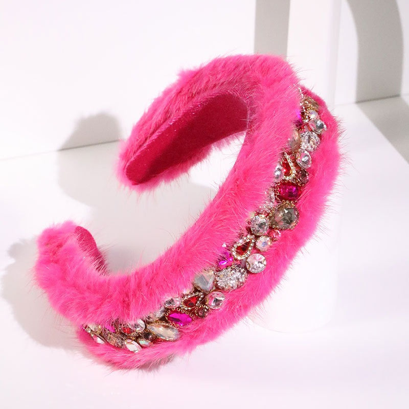 Elegant Rabbit Hair Rhinestone Hair Hoop for Women