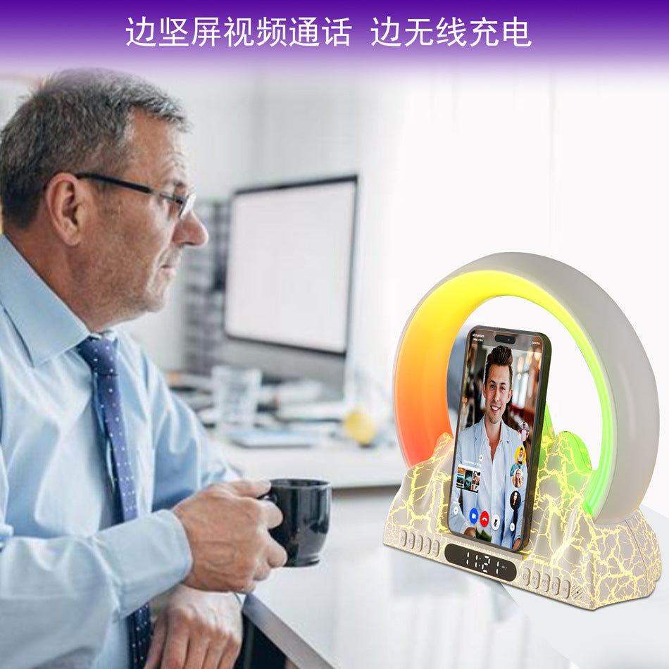 Smart Tuya APP Sunrise Flame Mountain Alarm Clock Night Lights 15W Wireless Charing BT Speaker White Noise LED Table Lamp - Korvel