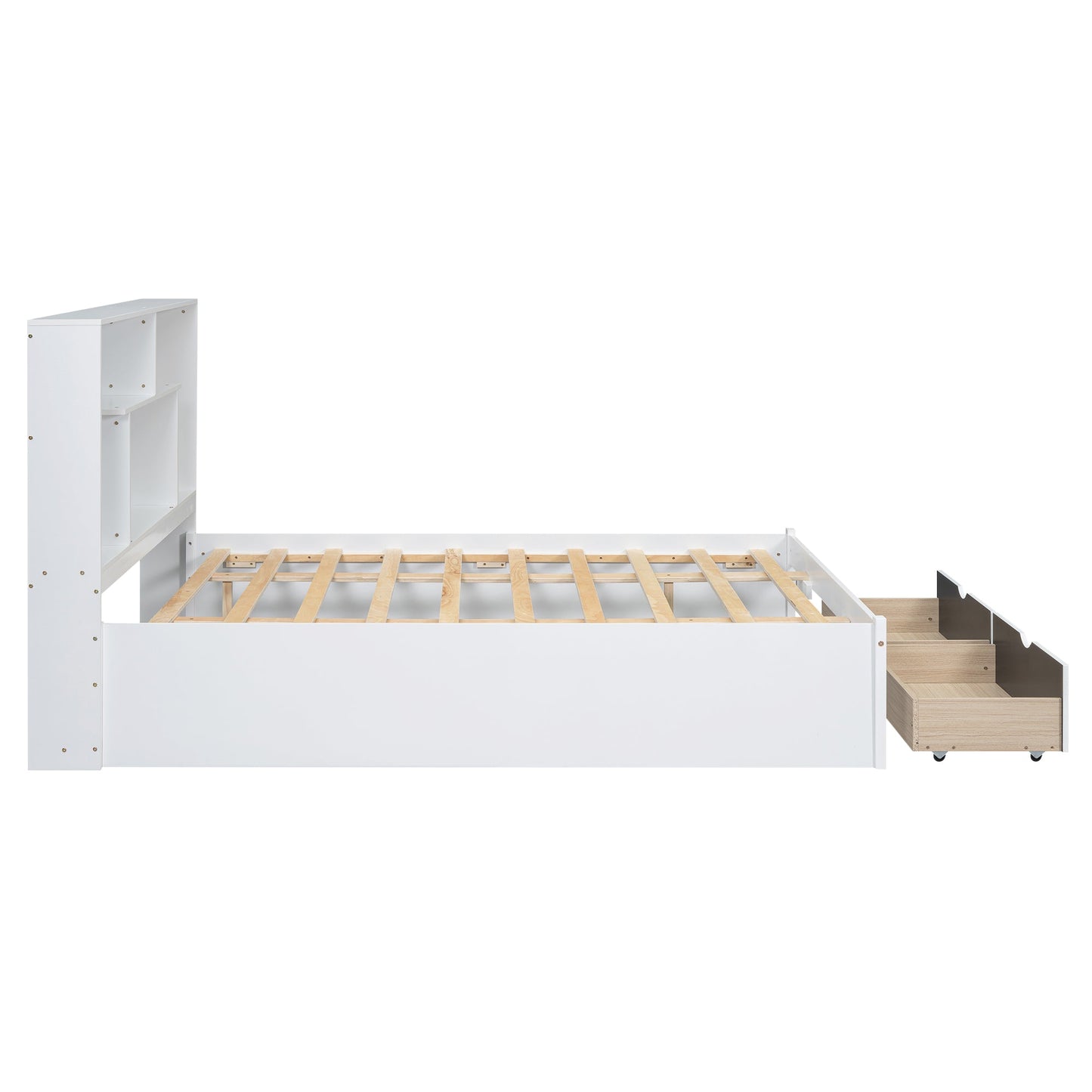 Elegant Queen Size Platform Bed with Storage Headboard, White