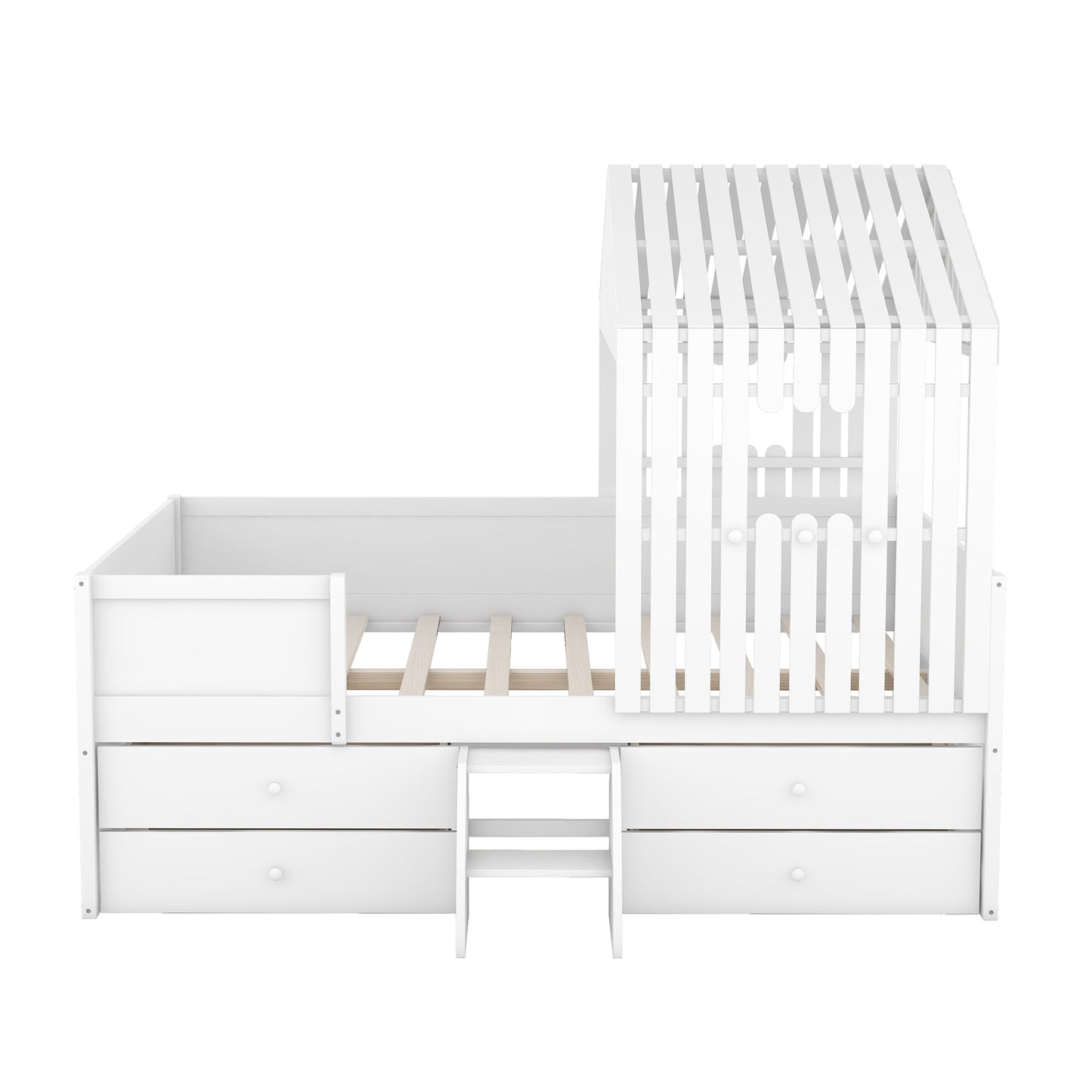 Full Size House Low Loft Bed with Four Drawers,White - Korvel