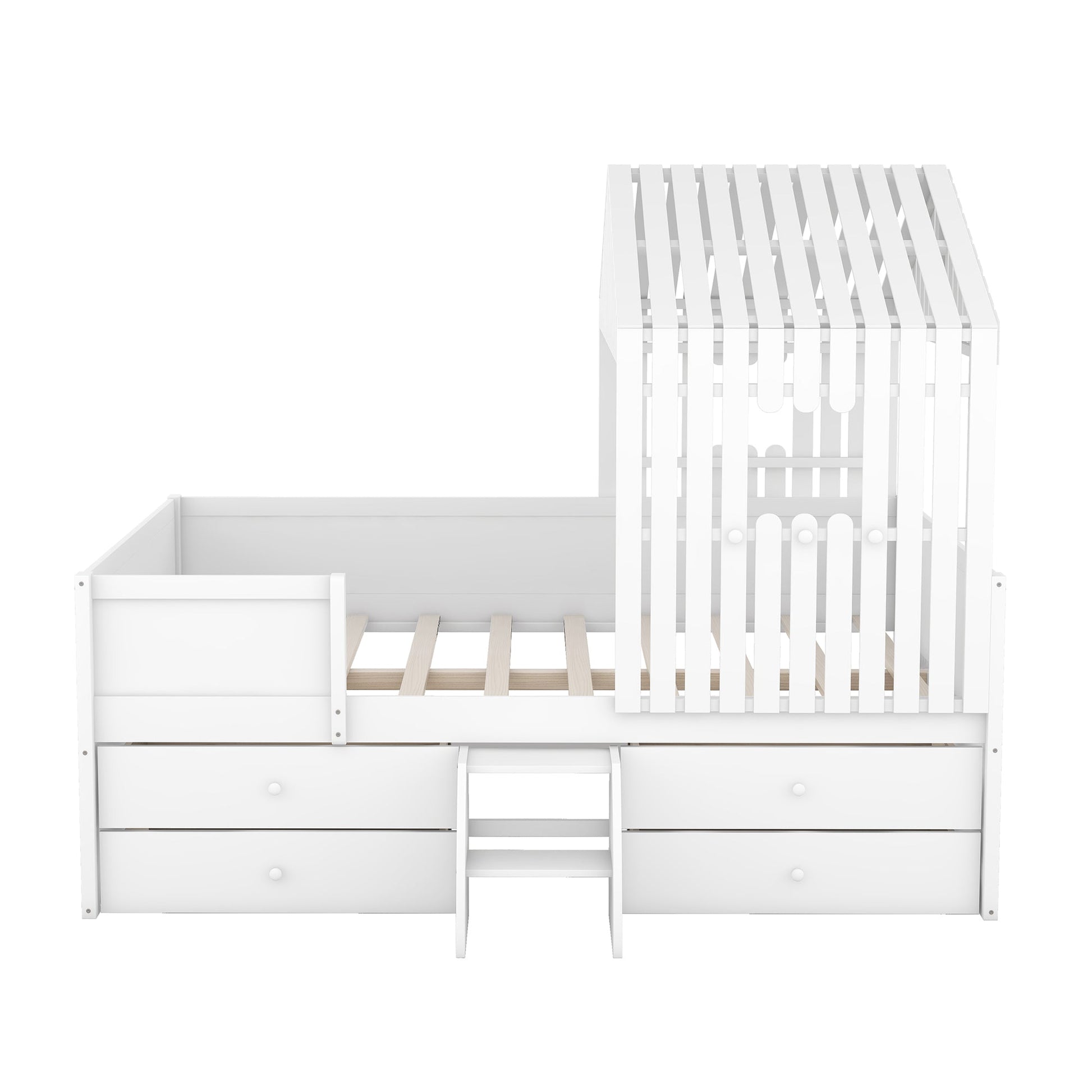 Full Size House Low Loft Bed with Four Drawers,White - Korvel