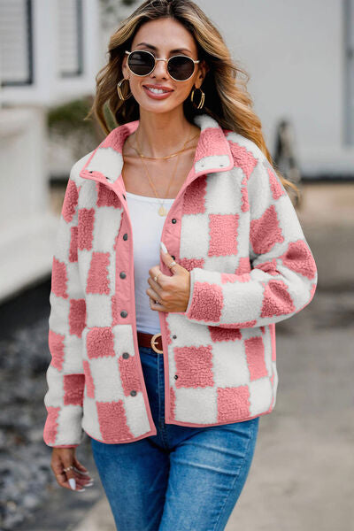 Chaqueta de Teddy de Manga Larga con Botones y Diseño a Cuadros Elegante