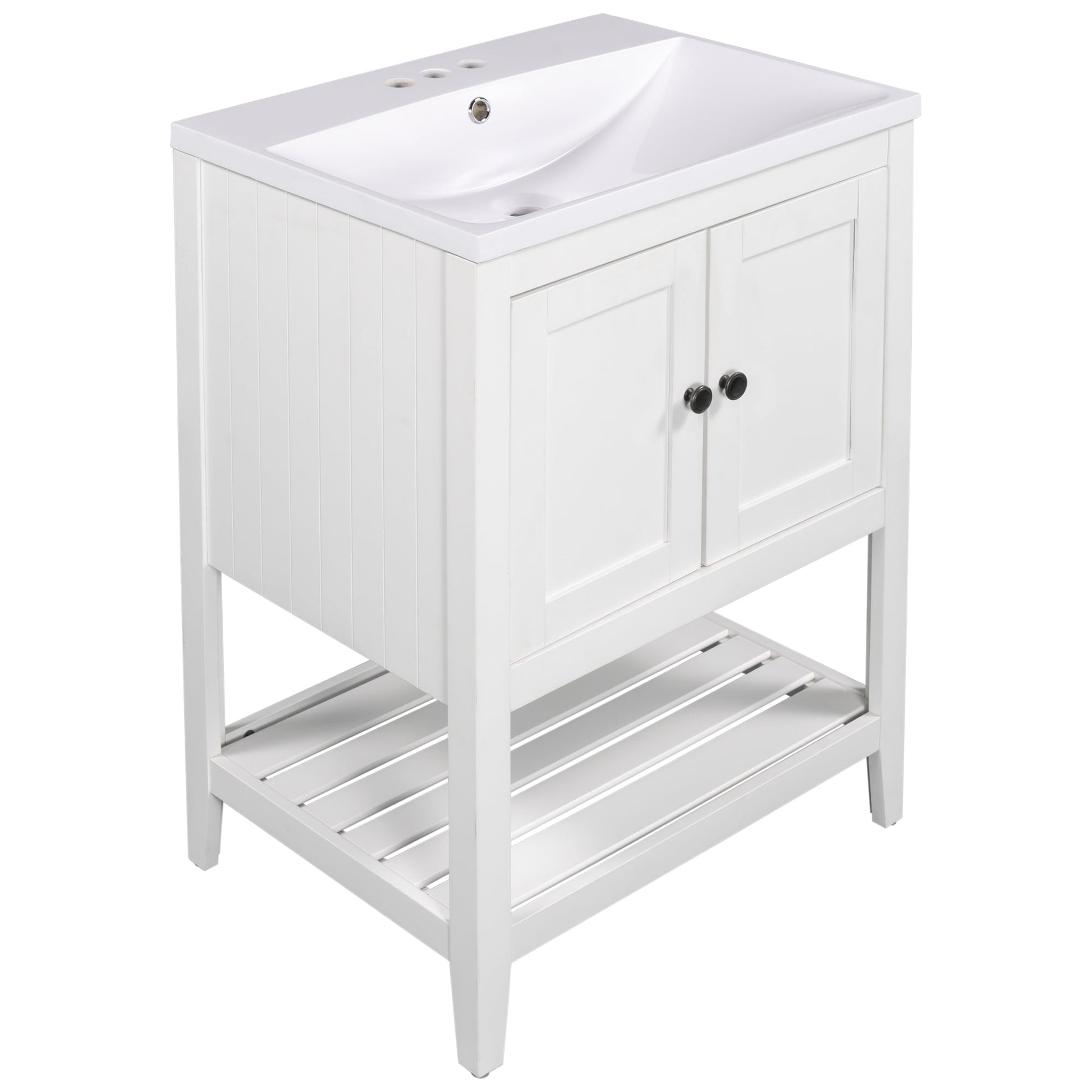 24" White Modern Sleek Bathroom Vanity Elegant Ceramic Sink with Solid Wood Frame Open Style Shelf - Korvel