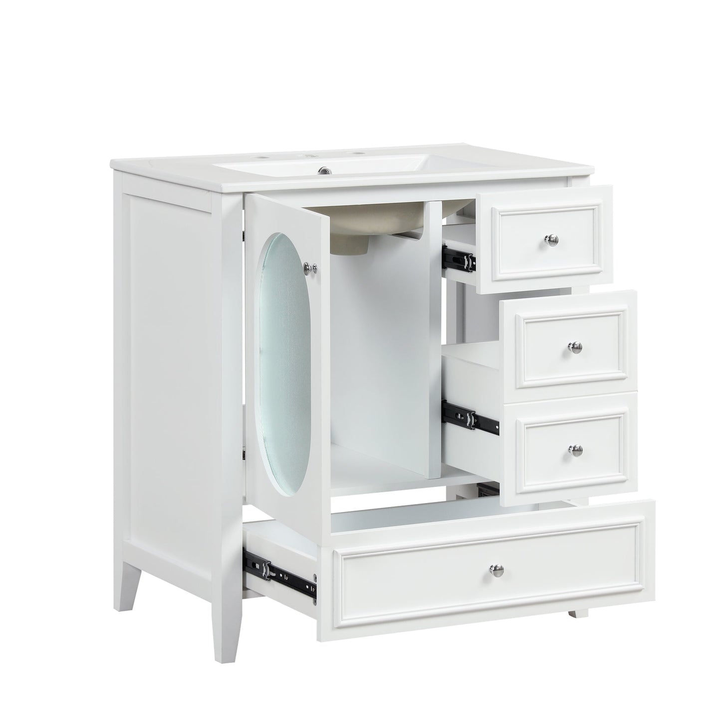 30" Bathroom Vanity with Sink, Bathroom Vanity Cabinet with Three Drawers and Door, Solid Wood and MDF, White - Korvel