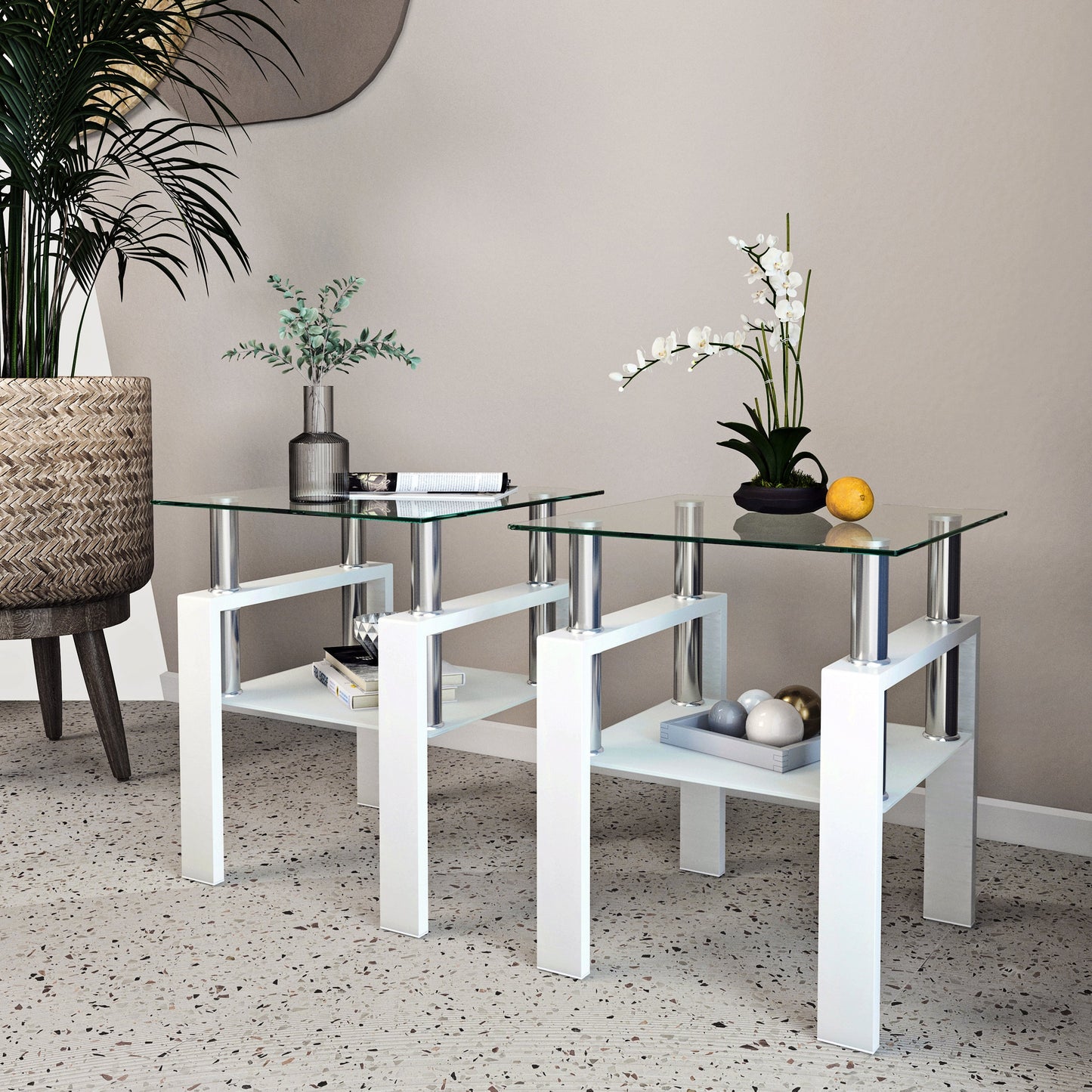 Set of 2 Modern Tempered Glass Coffee Tables