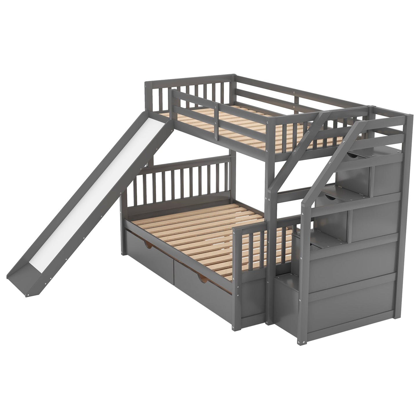 Lit superposé jumeau sur grand lit avec rangement et toboggan - Gris