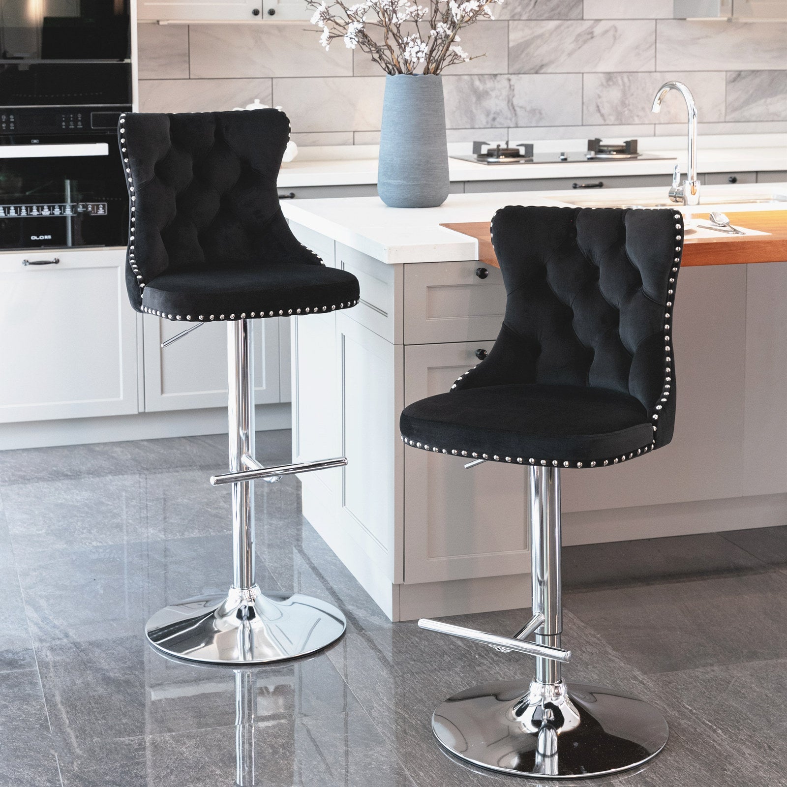 25-33 Inch, Modern Upholstered Chrome base Bar Stools with Back Comfortable Tufted for Home Pub and Kitchen Island（Black,Set of - Korvel