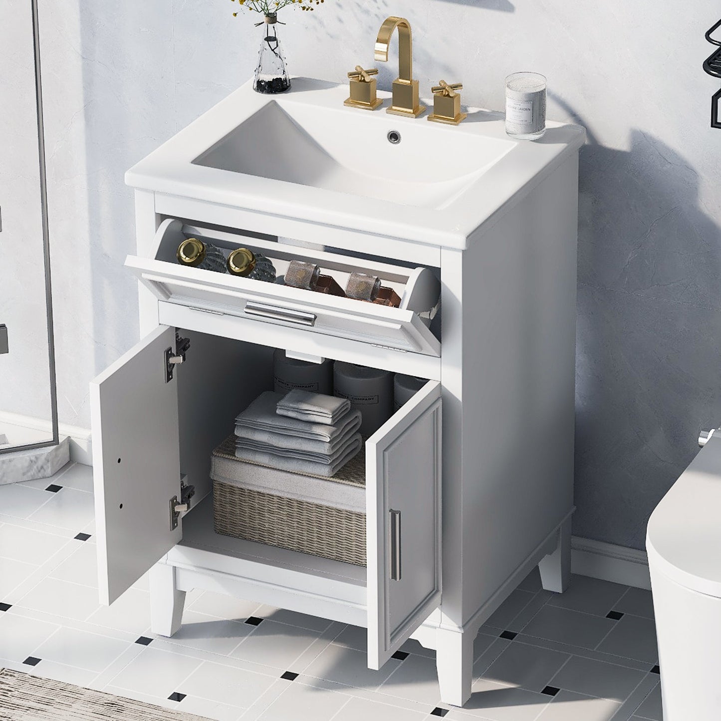 24" Bathroom Vanity with Sink, Bathroom Vanity Cabinet with One Flip Drawer and Doors, Solid Wood and MDF, White - Korvel