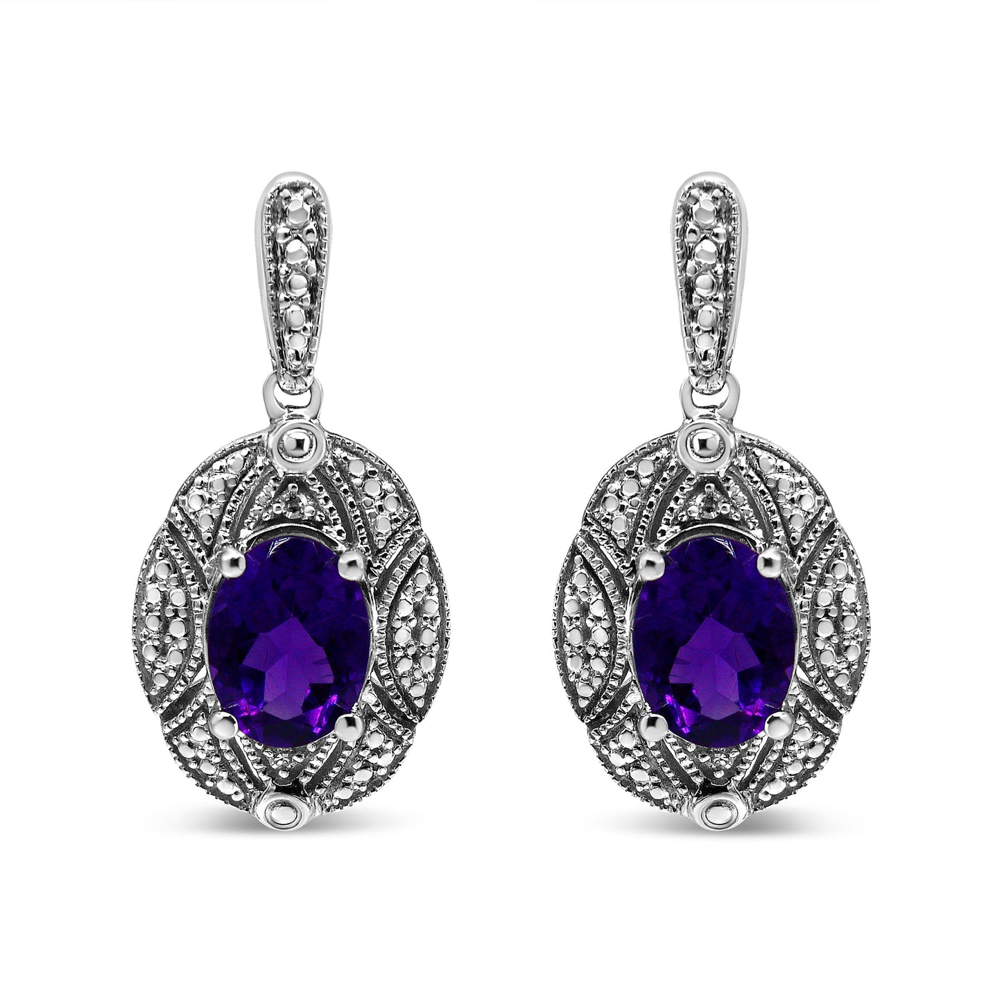 Pendientes de Stud de Acero Inoxidable de Plata .925 con Acentos de Amatista y Diamante