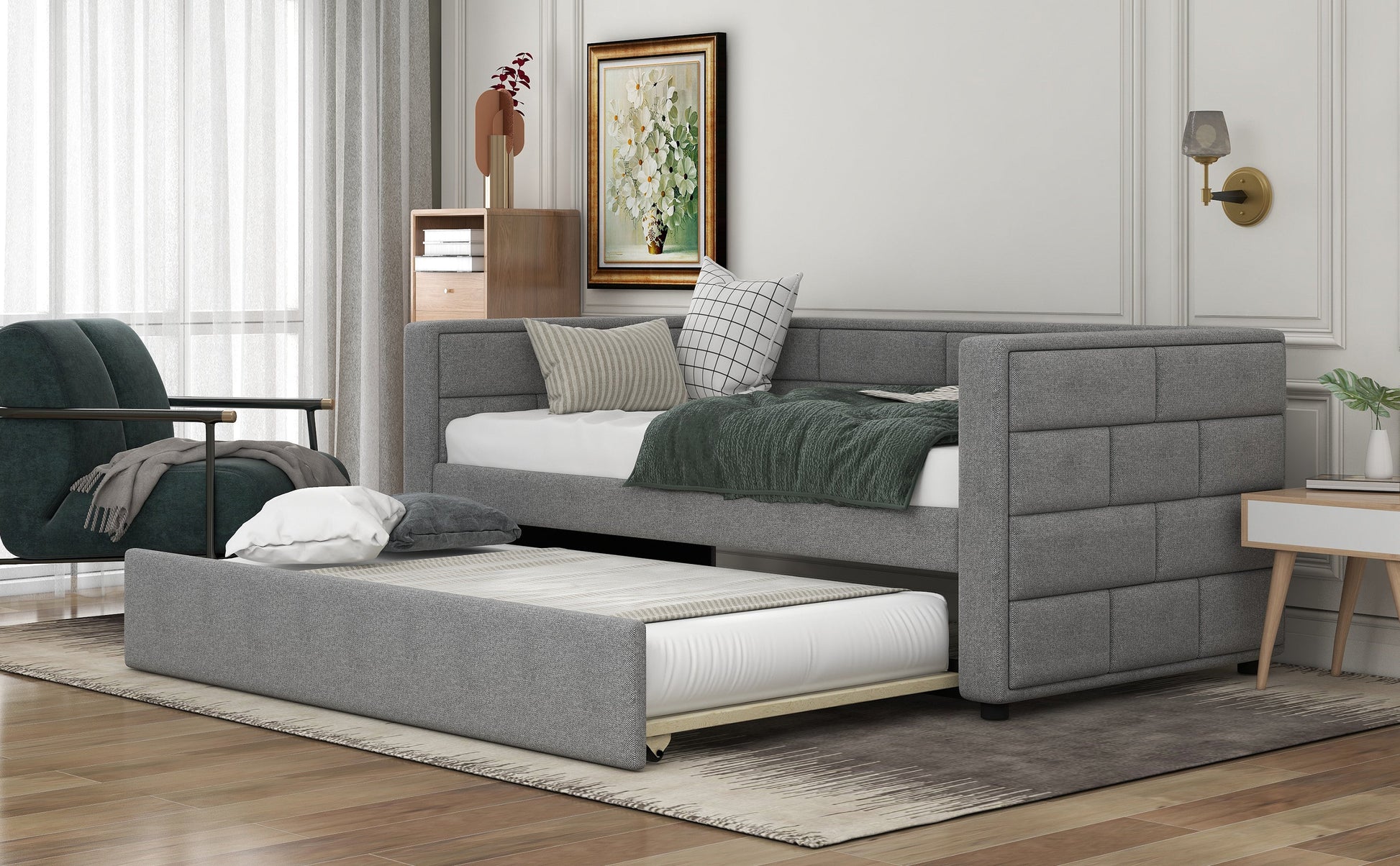 Twin Size Daybed with Trundle  Upholstered Daybed with Padded Back  Gray - Korvel