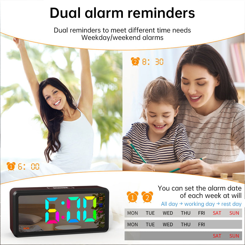 LED Wood-Grain Alarm Clock with RGB Color Display