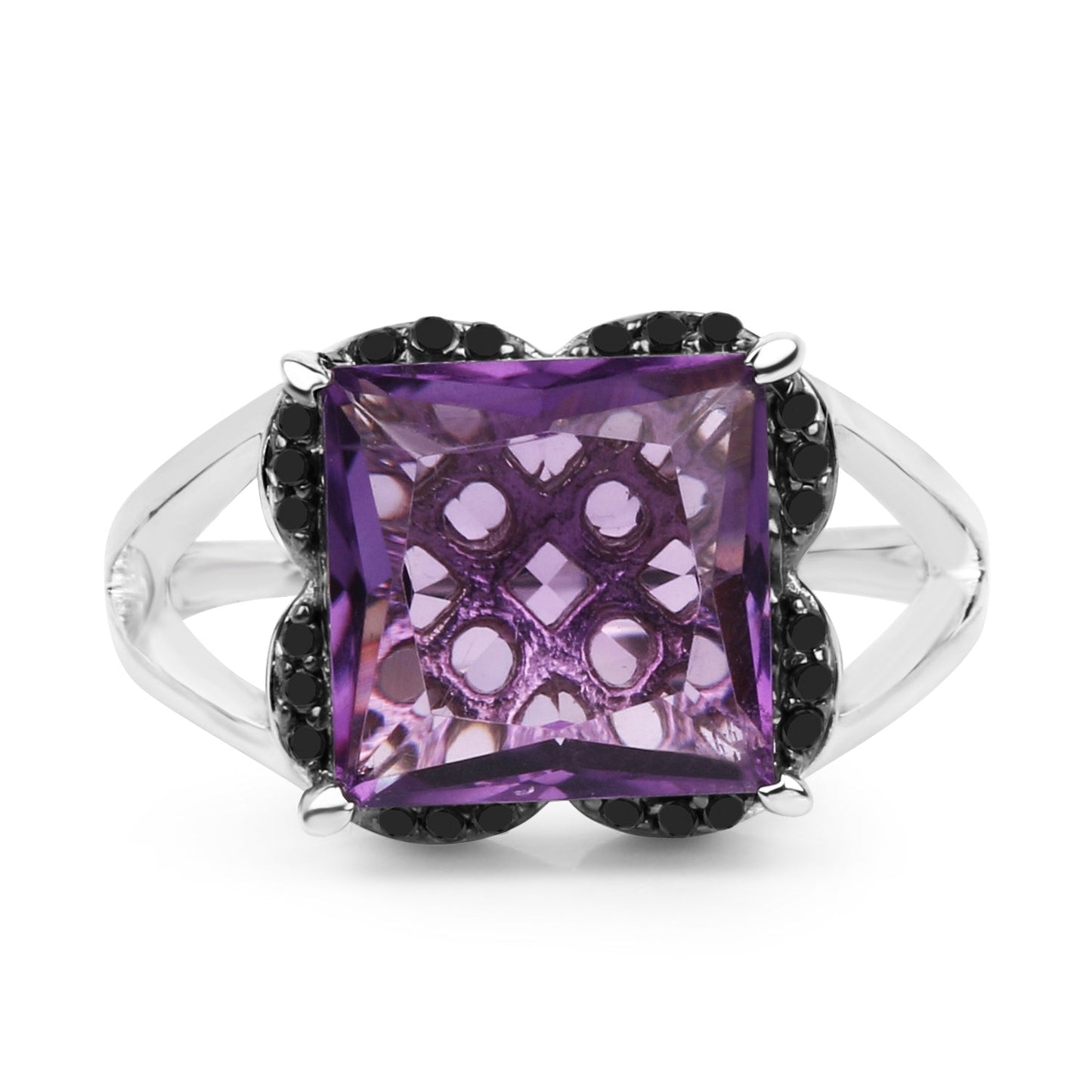 Bague en argent sterling avec améthyste de 4,58 carats et diamants noirs