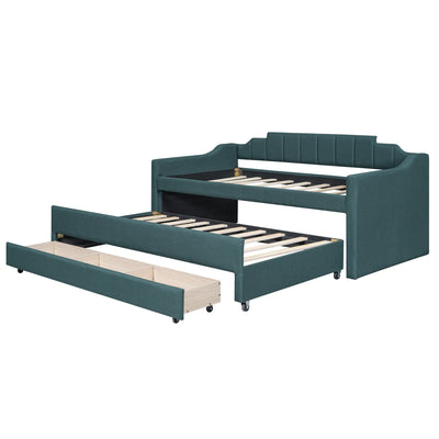 Twin Size Upholstered Daybed with Trundle and Three Drawers,Green - Korvel