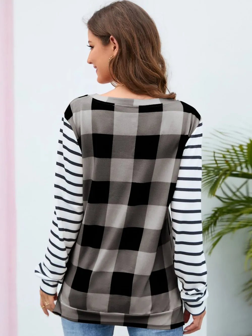 Plaid Striped Round Neck Long Sleeve T-Shirt - Korvel