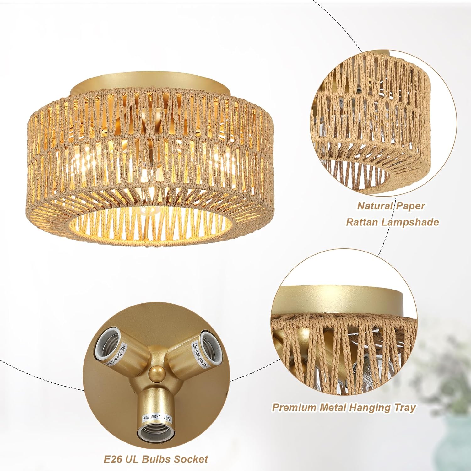 Boho Light Fixtures Ceiling Mount 3-Light Farmhouse Rattan Ceiling Light Fixture Flush Mount Ceiling Light with Hand-Woven Shade - Korvel