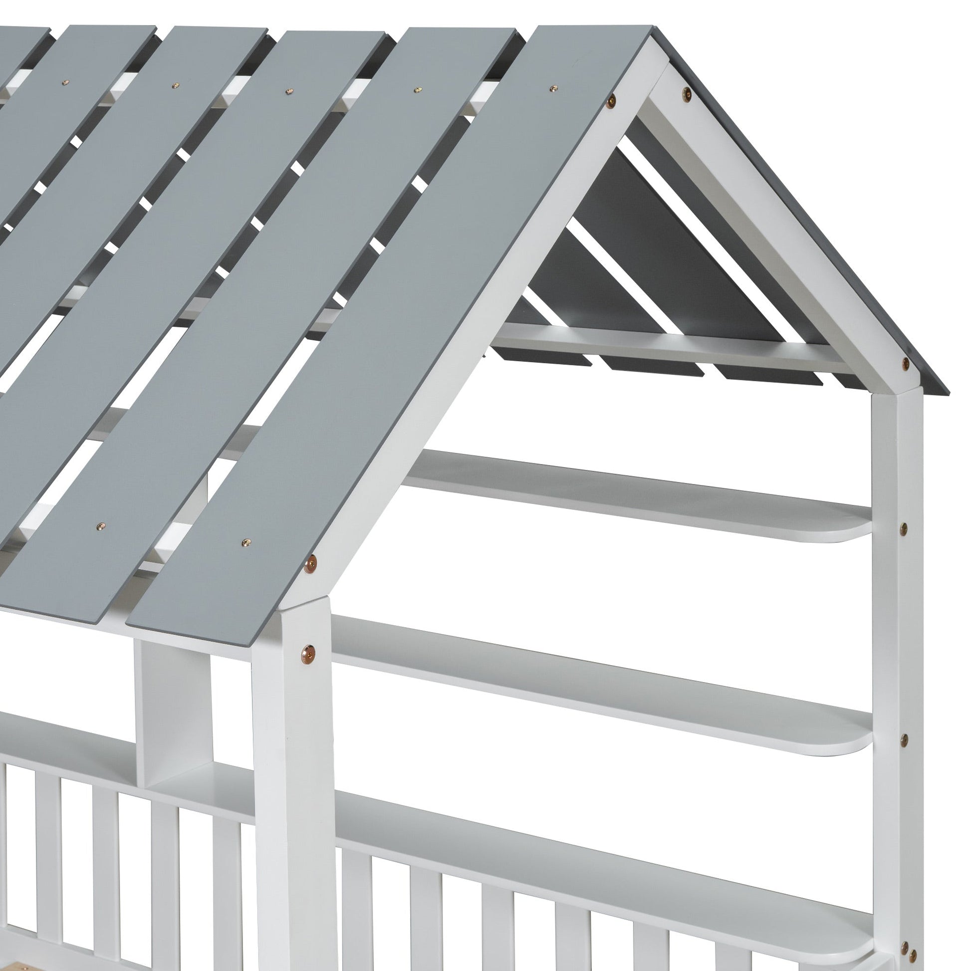 Wood Twin Size House Bed with Roof, Guardrail and Shelves, White - Korvel