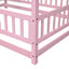 Full Size Floor Wooden Bed with House Roof Frame, Fence Guardrails ,Pink - Korvel