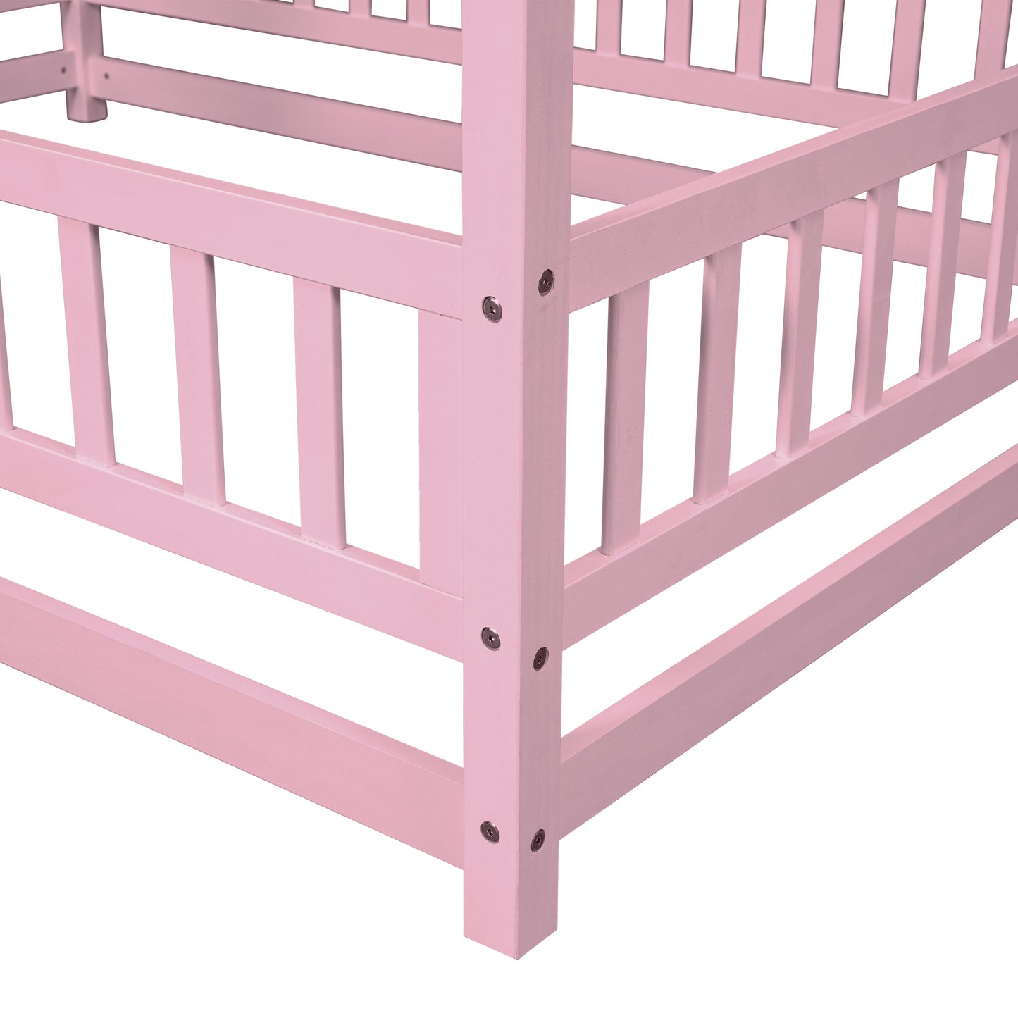 Full Size Floor Wooden Bed with House Roof Frame, Fence Guardrails ,Pink - Korvel