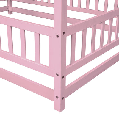 Full Size Floor Wooden Bed with House Roof Frame, Fence Guardrails ,Pink - Korvel