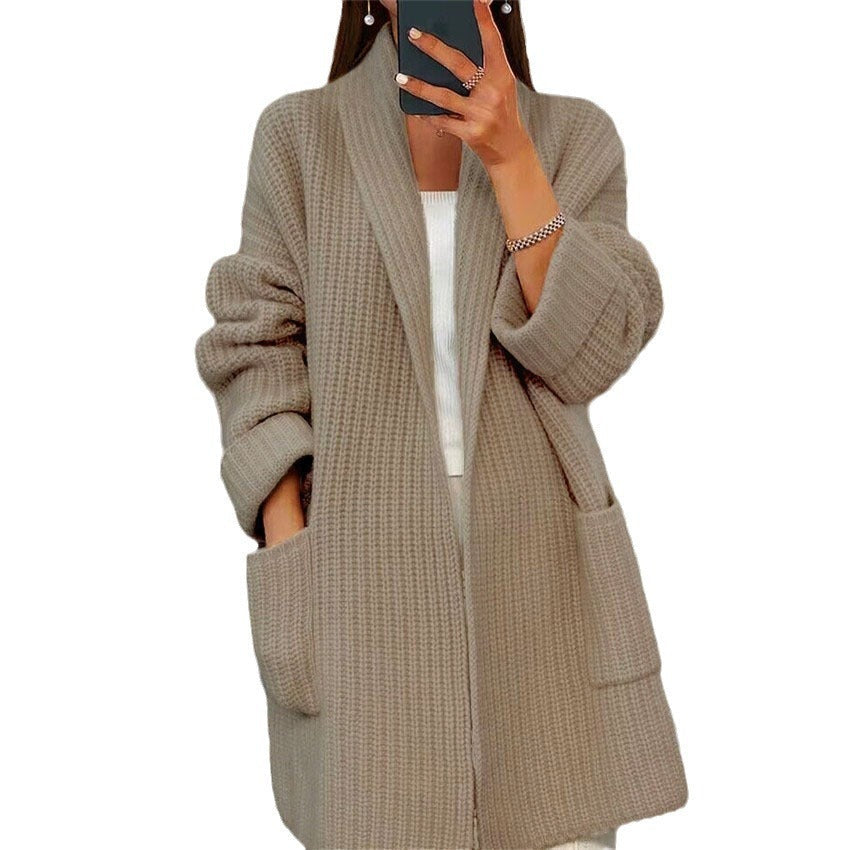 Lapel Knitted Cardigan with Pockets - Casual Women's Sweater