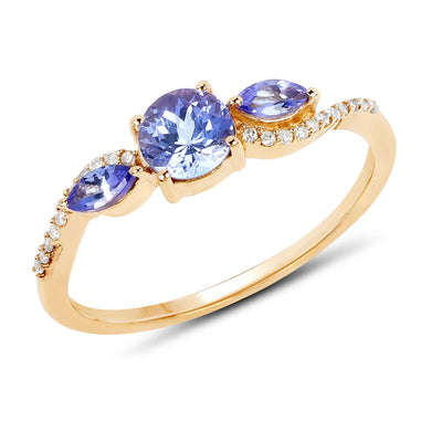 Bague en or jaune 14K avec tanzanite véritable de 0,70 carat et diamants blancs