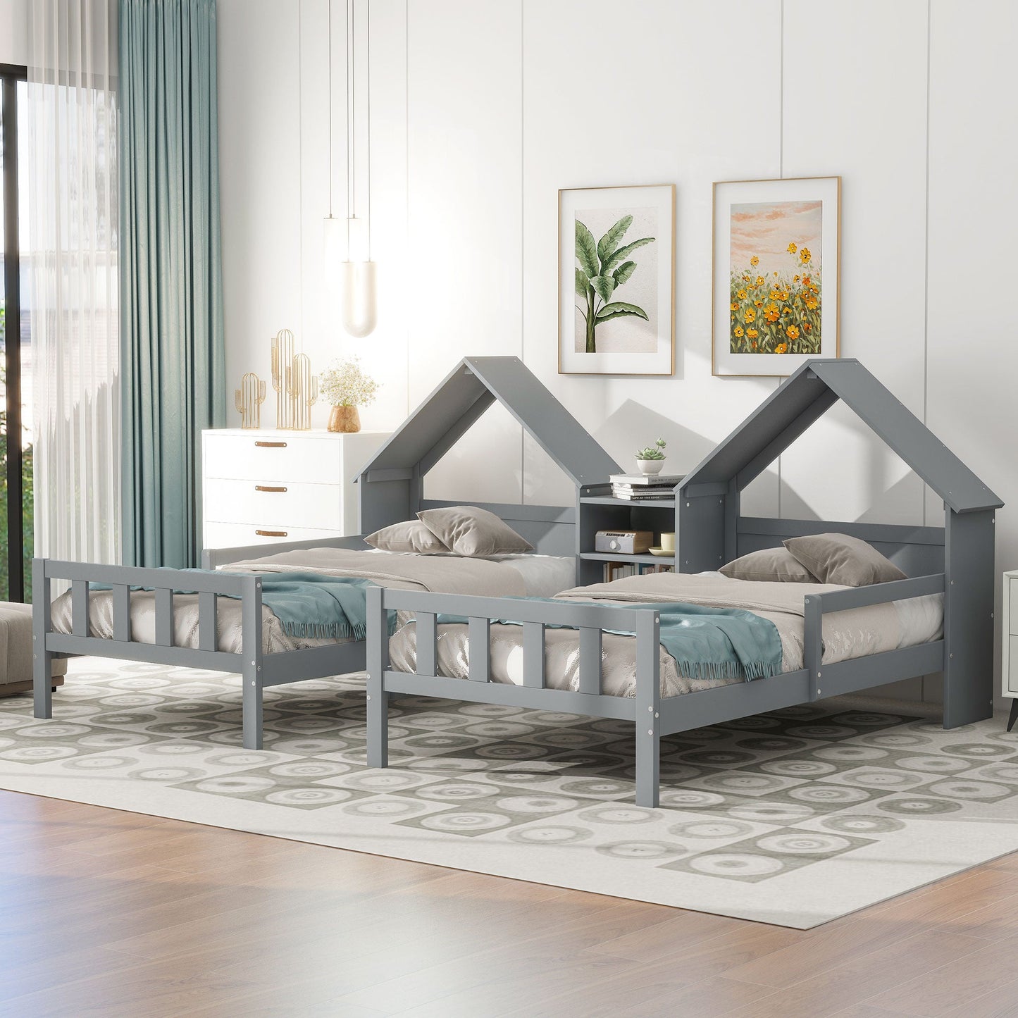 Double Twin Size Platform Bed with House-shaped Headboard and a Built-in Nightstand  Grey - Korvel