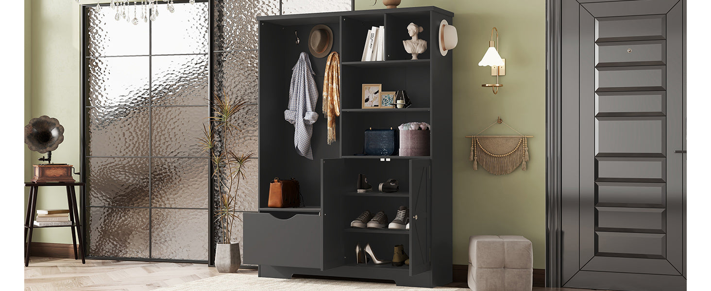 Multi-functional Hall Tree with Storage Shelves Drawers and Cabinet, Elegant Hallway Shoe Cabinet with Bench Modern Black - Korvel