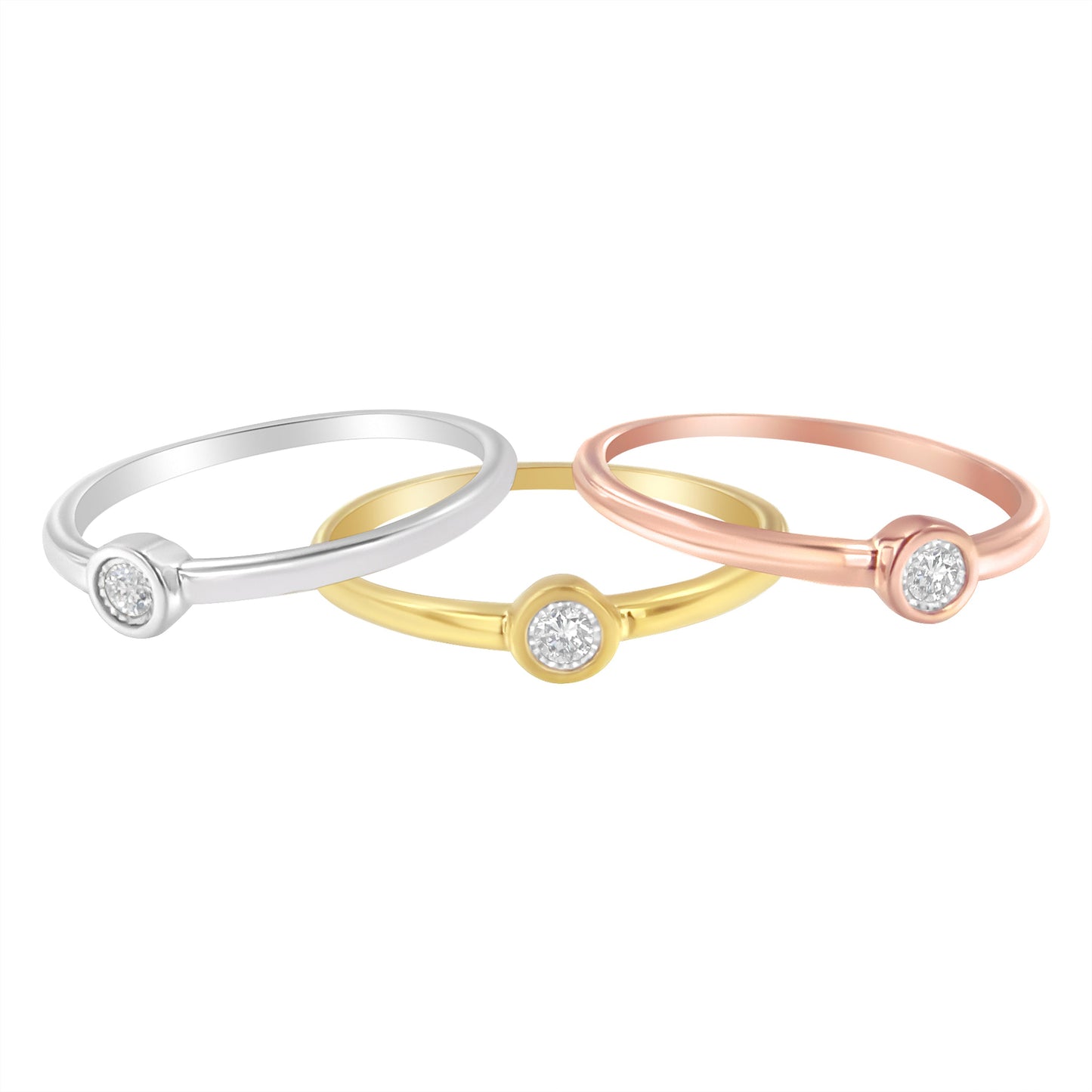Tri-Color 14K Gold Plated Sterling Silver Diamond Stacking Promise Ring Set