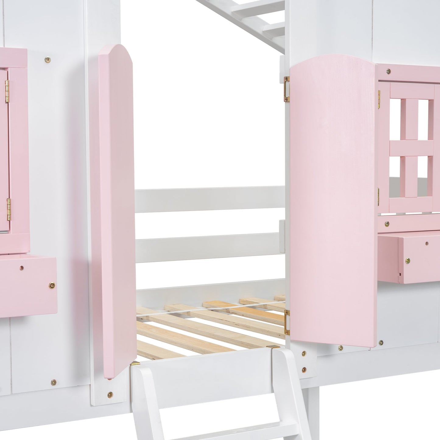 Twin over Twin House Bunk Bed with Roof , Window, Window Box, Door , with Safety Guardrails and Ladder, Pink/White - Korvel