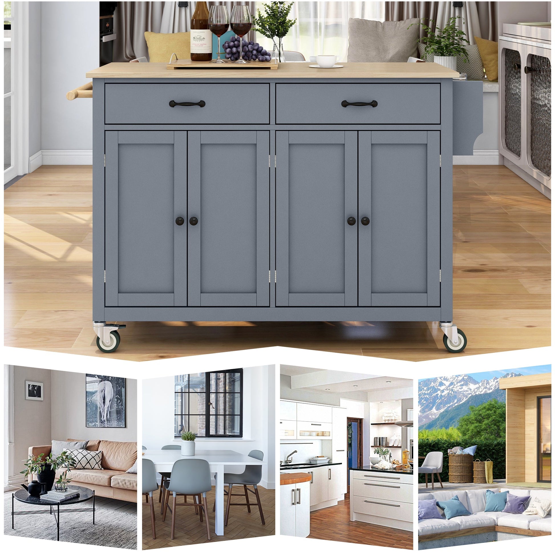 Kitchen Island Cart with Solid Wood Top and Locking Wheels 54.3 Inch Width (Grey Blue) - Korvel