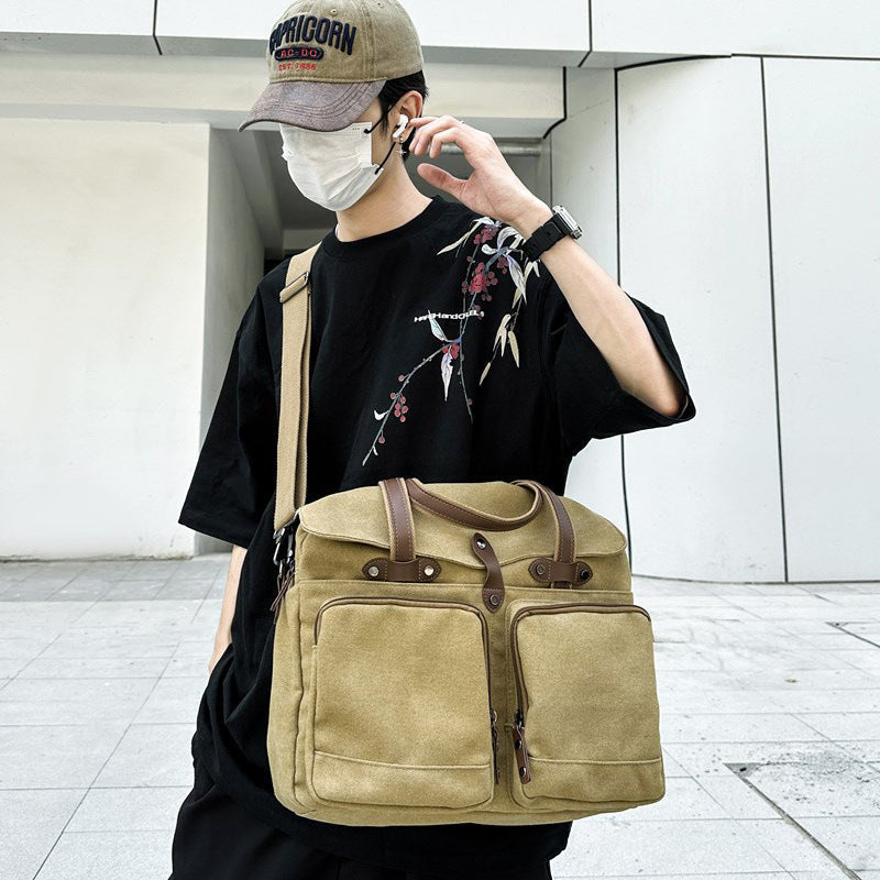 Multi-Compartment Canvas Crossbody Bag for Outdoor Travel