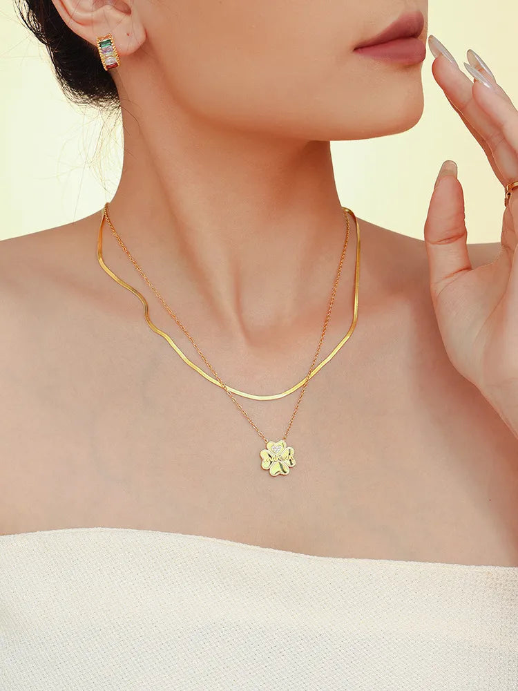 2 Piece 18K Gold-Plated Inlaid Zircon Lucky Clover Necklace - Korvel
