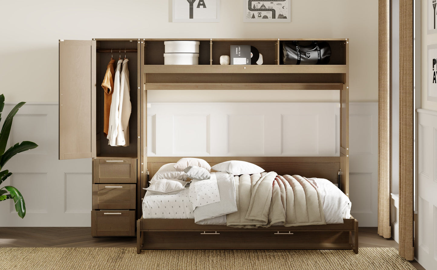 Full Size Murphy Bed with Wardrobe, Drawers and Open Shelves, Antique Grey - Korvel