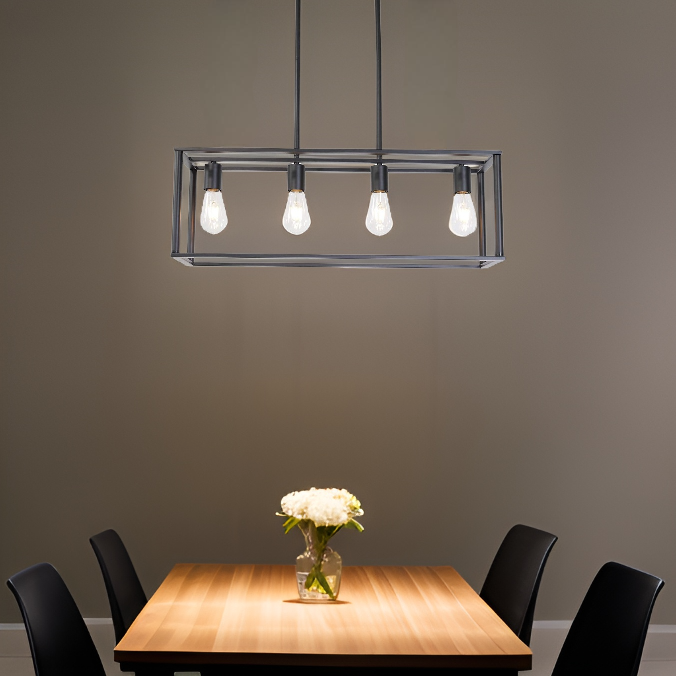 Pendant Lighting 4 Light Industrial Vintage Open Frame Rectangle Chandeliers Modern Black Linear Cage Ceiling Light Fixture - Korvel