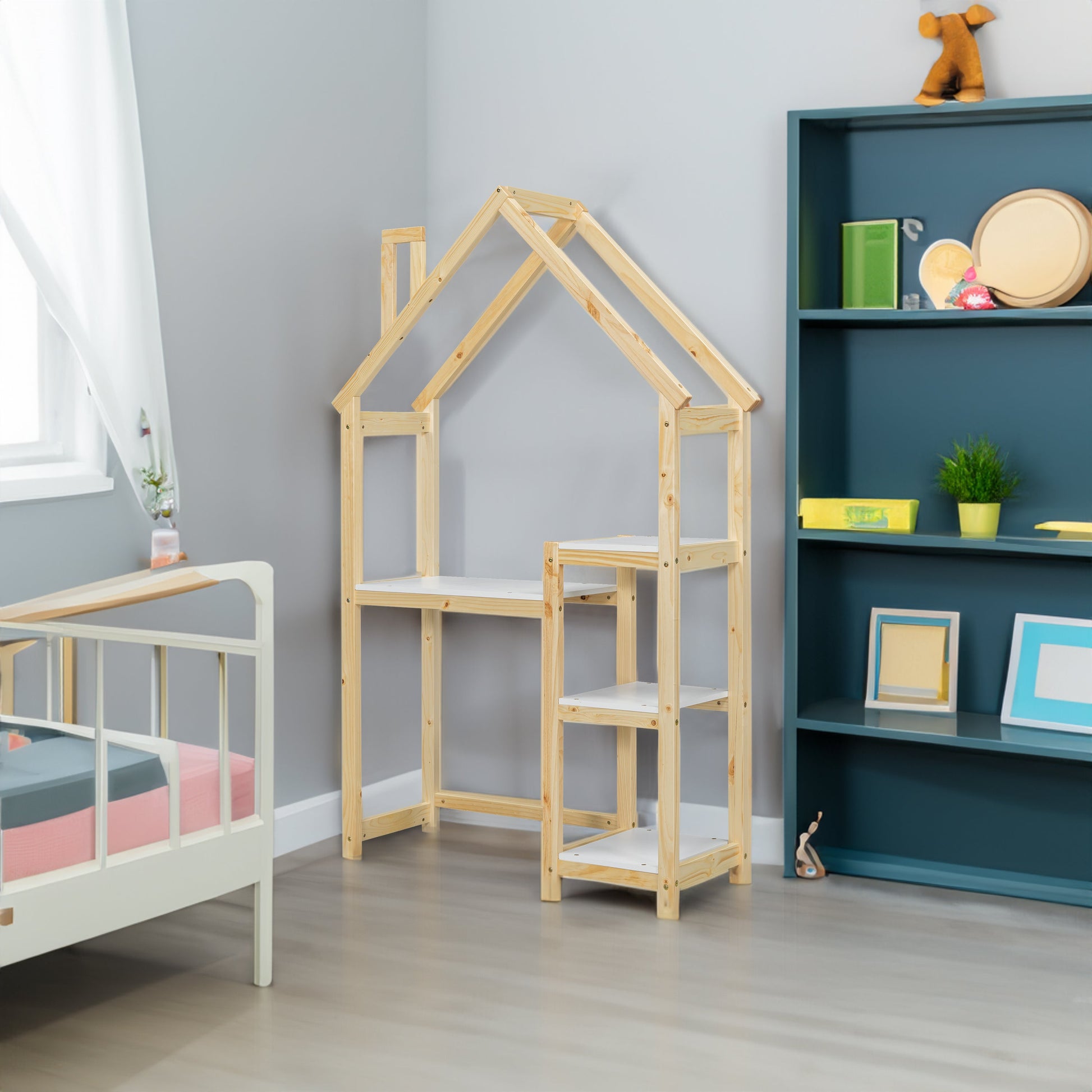 House-shaped Wooden writing Desk Kids study Table Bookshelf & Toy Storage Natural - Korvel
