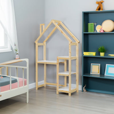 House-shaped Wooden writing Desk Kids study Table Bookshelf & Toy Storage Natural - Korvel