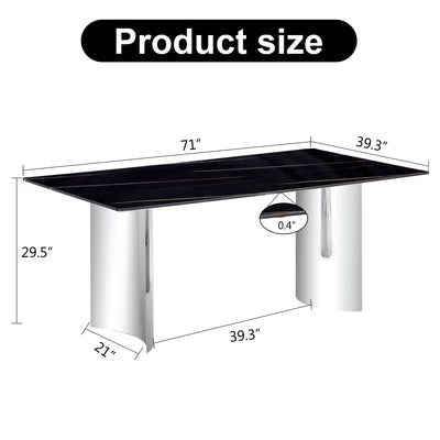 Modern minimalist dining table The black imitation marble glass desktop is equipped with silver metal legs - Korvel