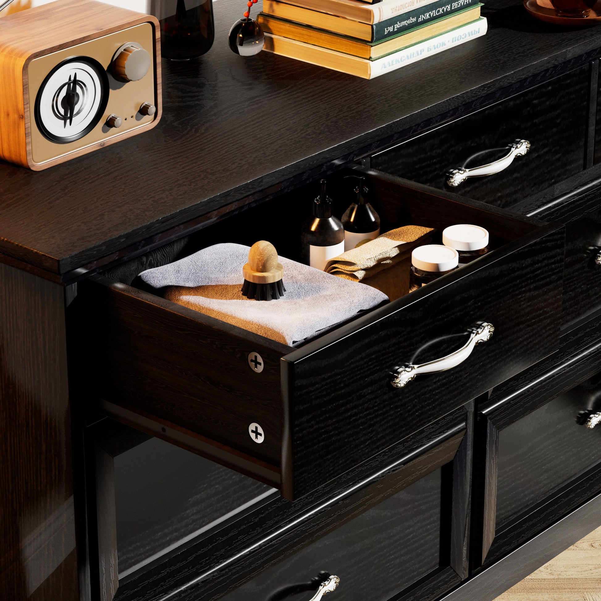 Modern 3 Drawer Bedroom Chest of Drawers with 7 Drawers Dresser, Clothes Organizer -Metal Pulls Black, 47.6″L x 15.7″W x 26.6″H - Korvel