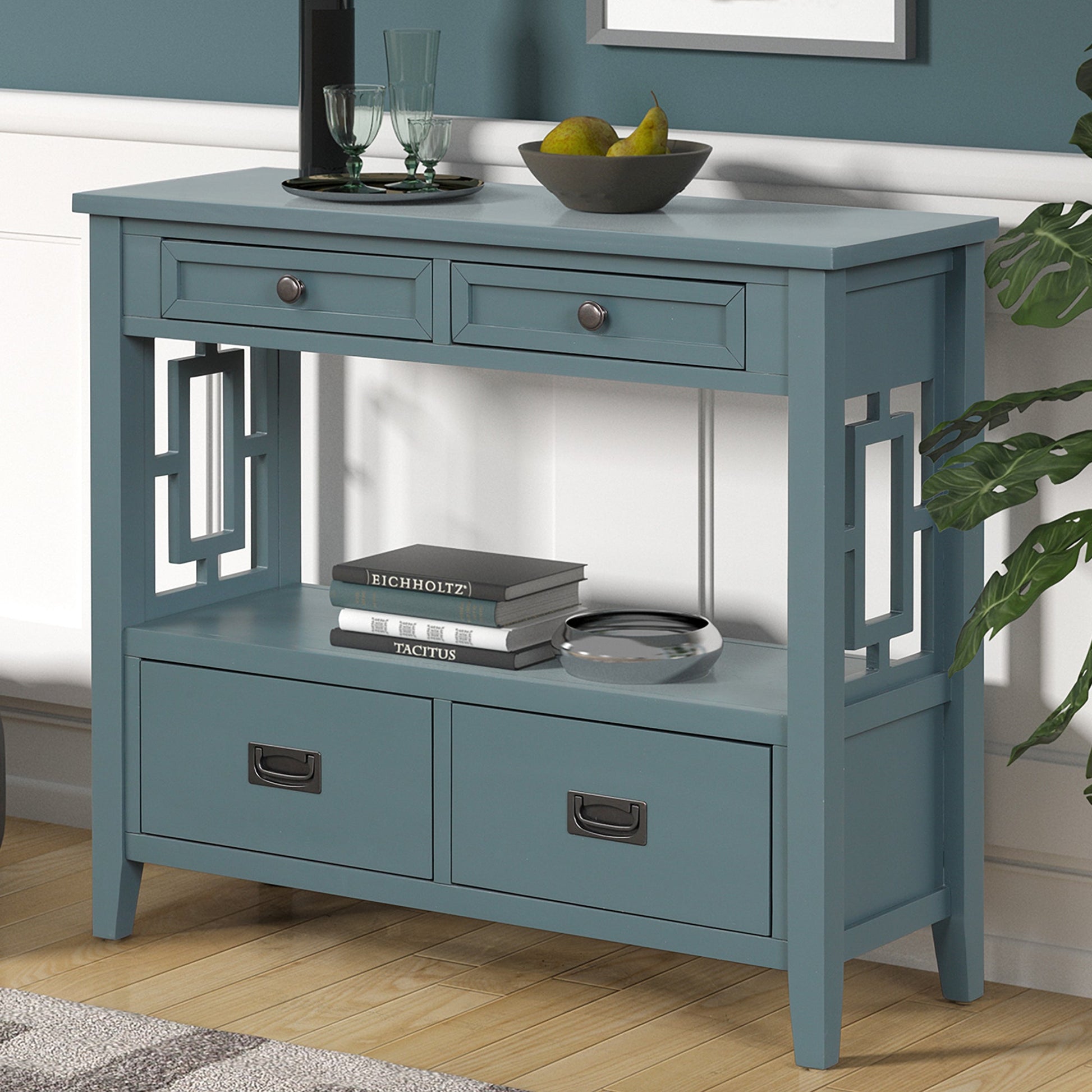 36'' Farmhouse Pine Wood Console Table Entry Sofa Table with 4 Drawers & 1 Storage Shelf ( Blue) - Korvel