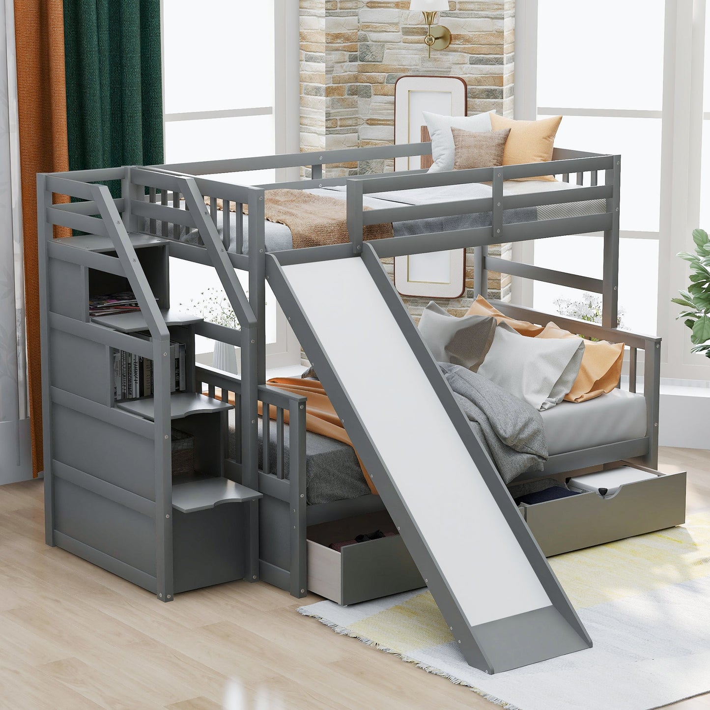 Lit superposé jumeau sur grand lit avec rangement et toboggan - Gris