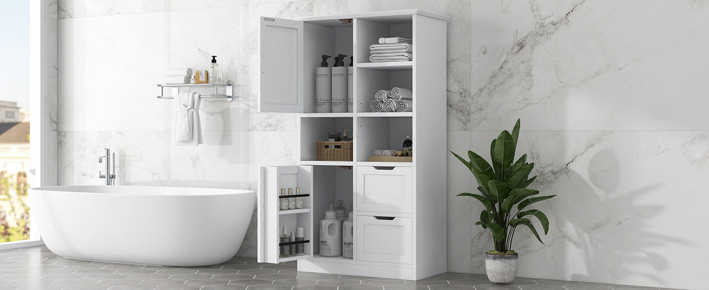 Bathroom storage cabinet with doors and drawers, multiple storage spaces, independent, open adjustable shelves, white - Korvel