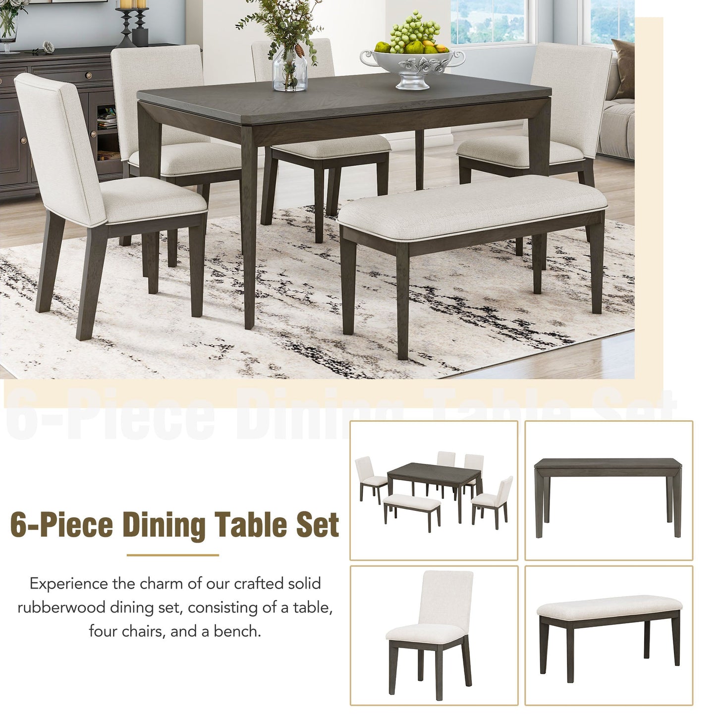 TOPMAX 6-Piece Dining Table Set with Upholstered Dining Chairs and Bench Farmhouse Style Tapered Legs Dark Gray+Beige - Korvel
