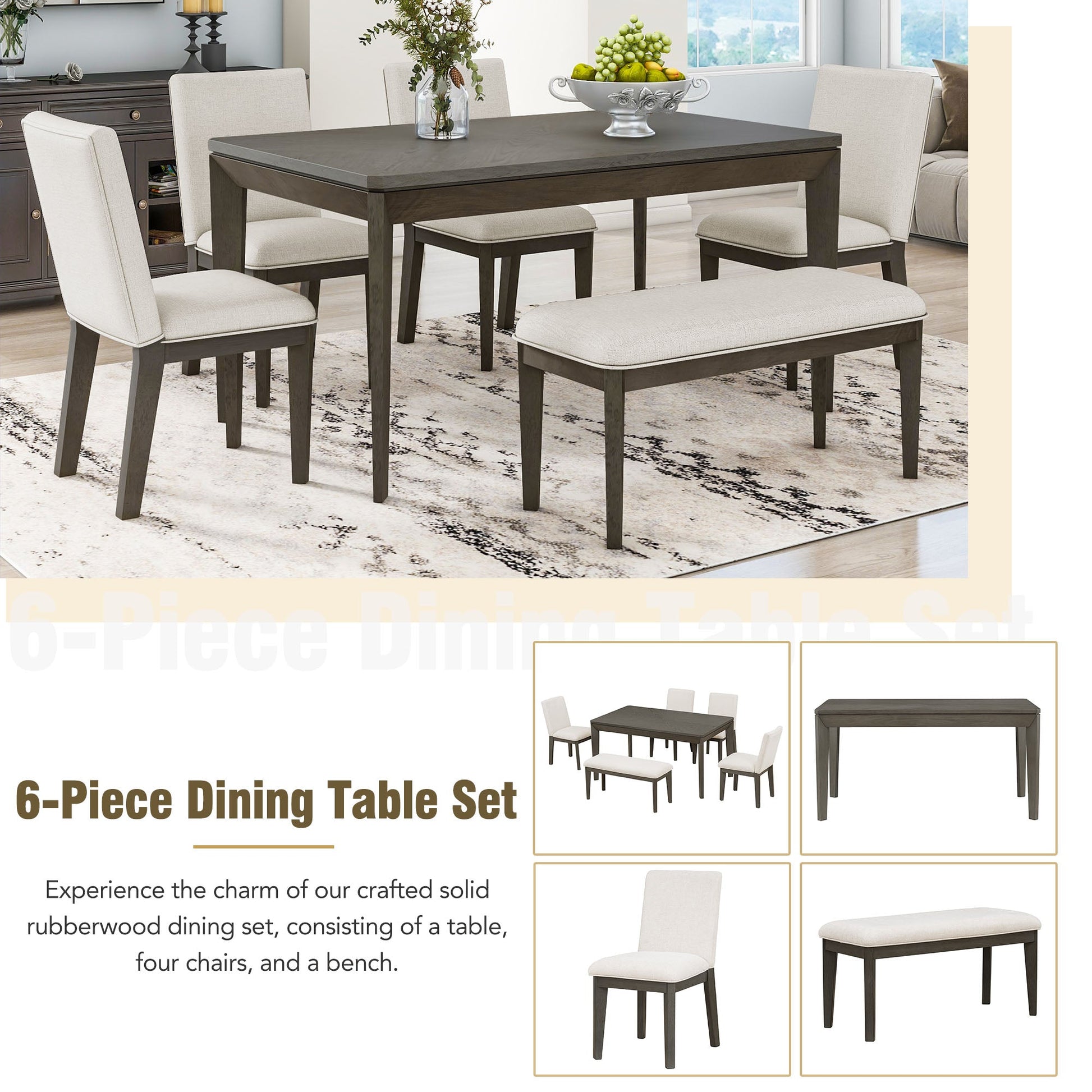 TOPMAX 6-Piece Dining Table Set with Upholstered Dining Chairs and Bench Farmhouse Style Tapered Legs Dark Gray+Beige - Korvel