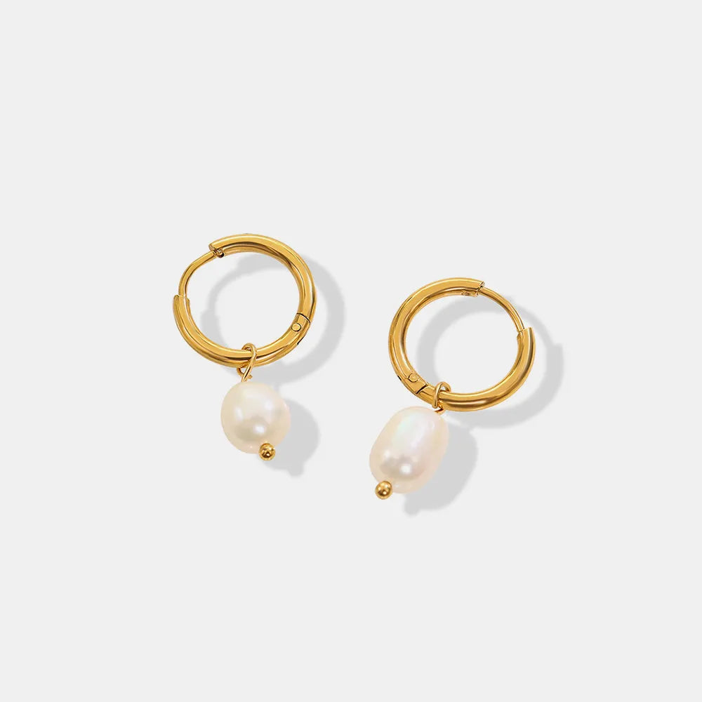 Retro earrings freshwater pearl ring earrings titanium steel 18K plated with real gold jewelry - Korvel